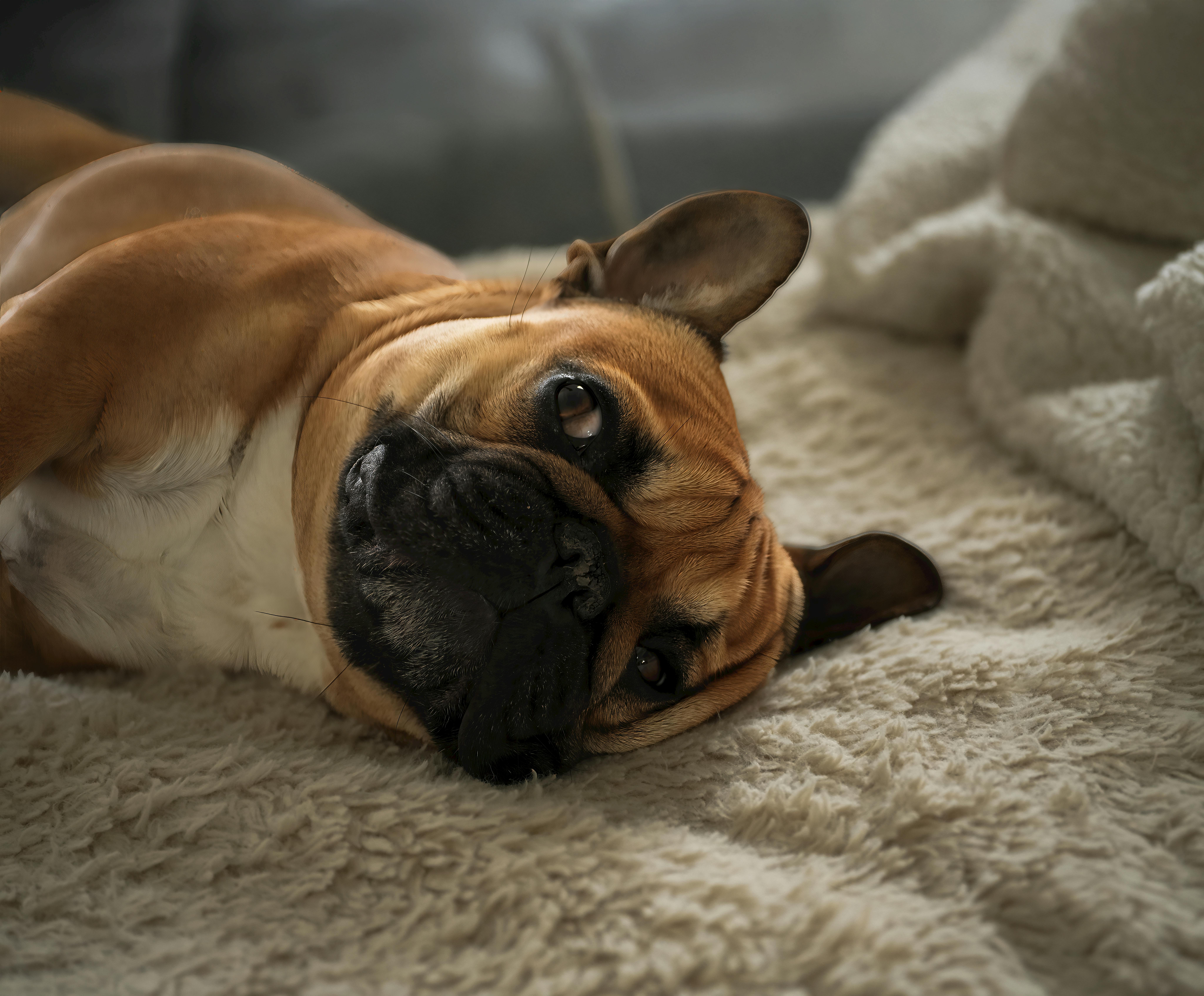 Cute French Bulldog lying on a plush blanket, basking in comfort and warmth.